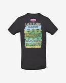 The 2025 Latitude Event T Shirt - Black features the festival lineup, including Sting, Kasabian, and London Grammar, above a colorful landscape graphic. Dates and location are also printed on the back.