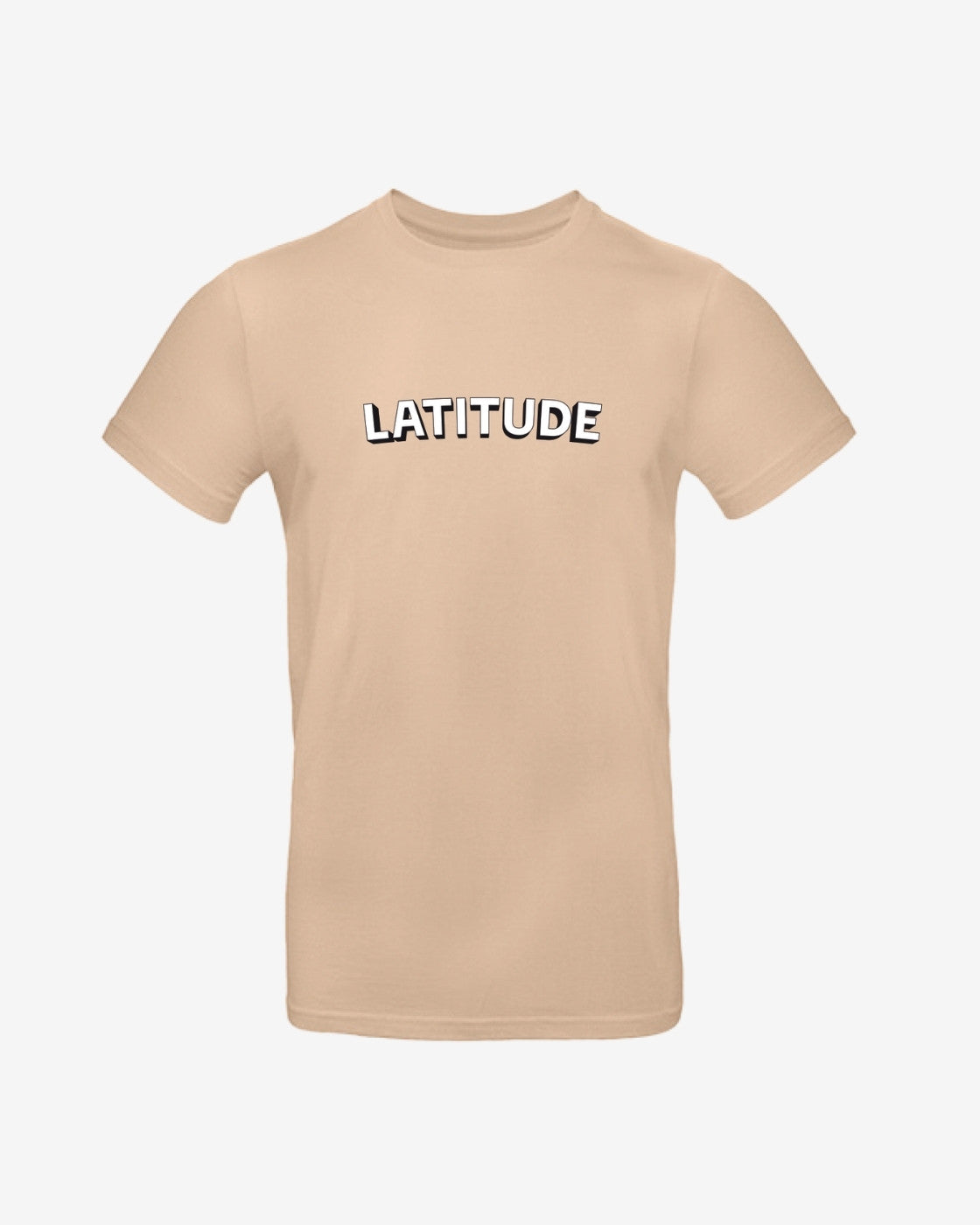 The 2025 Latitude Event T Shirt - Sand features the word LATITUDE in bold, white, uppercase letters outlined in black across the chest.
