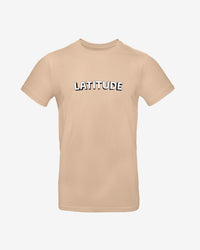 The 2025 Latitude Event T Shirt - Sand features the word LATITUDE in bold, white, uppercase letters outlined in black across the chest.