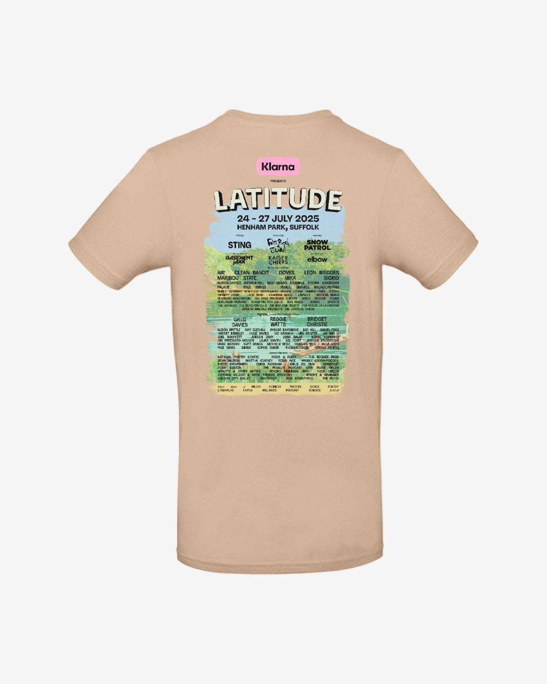 The Latitude Event T Shirt - Sand by 2025 features the Latitude Festival lineup on the back, including artists like Sting, Duran Duran, and Kasabian, plus event dates and Henham Park, Suffolk location details.
