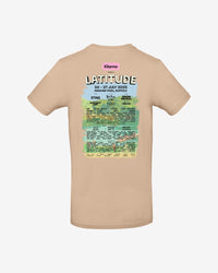 The Latitude Event T Shirt - Sand by 2025 features the Latitude Festival lineup on the back, including artists like Sting, Duran Duran, and Kasabian, plus event dates and Henham Park, Suffolk location details.