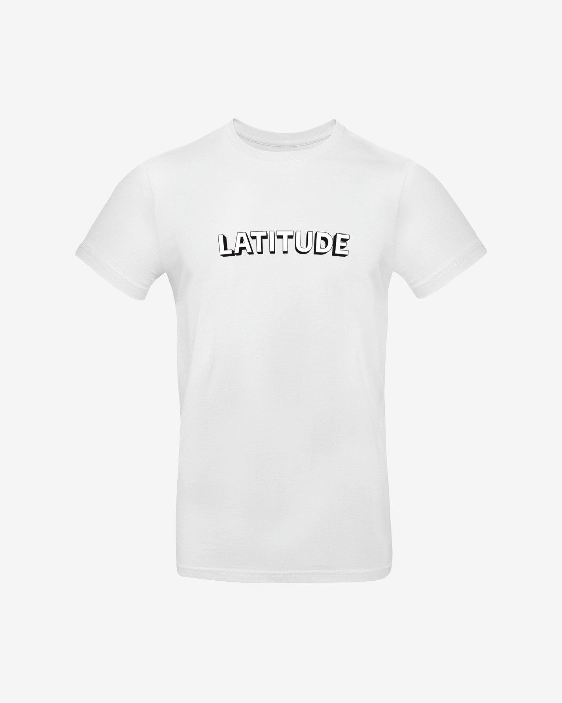 The Latitude Event T-Shirt White by 2025 features LATITUDE in bold black and white block letters across the chest.