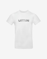The Latitude Event T-Shirt White by 2025 features LATITUDE in bold black and white block letters across the chest.