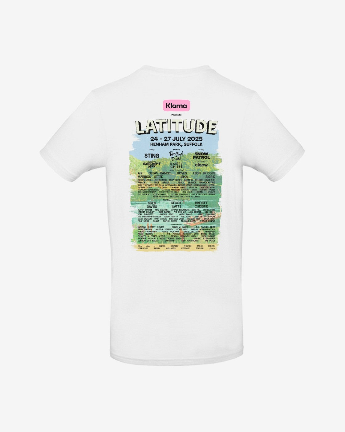 The Latitude Event T-Shirt White by 2025 displays the Latitude Festival 2025 lineup in colorful text on the back, with artists, dates (24–27 July 2025), and location (Henham Park, Suffolk).