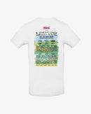 The Latitude Event T-Shirt White by 2025 displays the Latitude Festival 2025 lineup in colorful text on the back, with artists, dates (24–27 July 2025), and location (Henham Park, Suffolk).