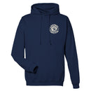 The Latitude Bubbly Psychedelic Navy Pullover Hoodie from Latitude Festival Store is a unisex, made-to-order sweatshirt with a front pocket and left chest circular graphic reading ELECTRIC AVE FESTIVAL around a face with glasses.