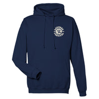 The Latitude Bubbly Psychedelic Navy Pullover Hoodie from Latitude Festival Store is a unisex, made-to-order sweatshirt with a front pocket and left chest circular graphic reading ELECTRIC AVE FESTIVAL around a face with glasses.