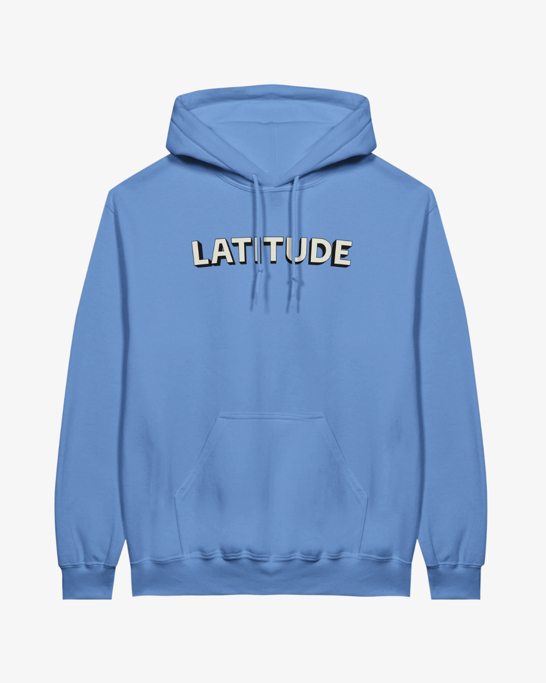 Introducing the Latitude 2026 Line-Up Blue Hoodie from the Latitude Festival Store—a light blue cotton-polyester blend featuring a convenient front pocket and "LATITUDE" boldly printed in white uppercase letters across the chest. This made-to-order hoodie delivers comfort and style, perfect for everyday wear.