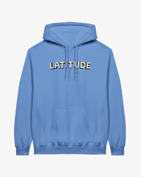 Introducing the Latitude 2026 Line-Up Blue Hoodie from the Latitude Festival Store—a light blue cotton-polyester blend featuring a convenient front pocket and "LATITUDE" boldly printed in white uppercase letters across the chest. This made-to-order hoodie delivers comfort and style, perfect for everyday wear.