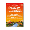 The Latitude 2024 Line Up Tea Towel from the Latitude Festival Store features headliners Duran Duran, Kasabian, Keane, London Grammar, Jo Brand, Sara Pascoe, and Judi Love – but lacks illustrated festival scenes at the bottom.