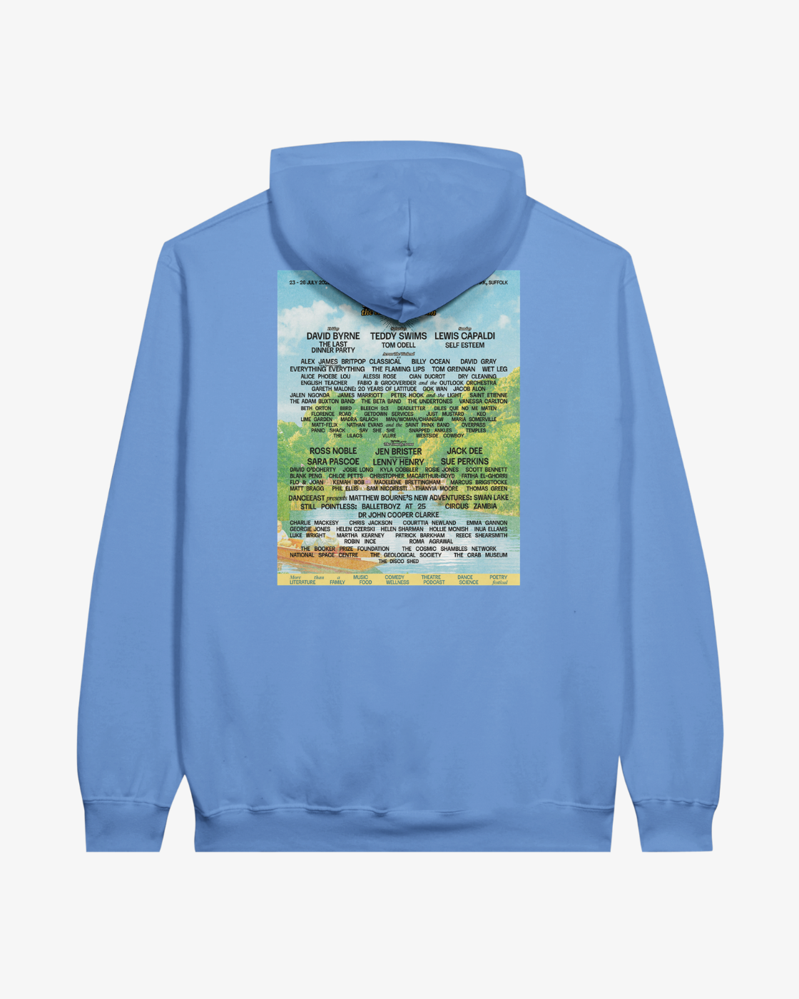 Introducing the Latitude 2026 Line-Up Blue Hoodie from the Latitude Festival Store—a light blue, heavy blend hoodie featuring a vibrant rectangular graphic on the back. The design showcases a colorful lineup of names in assorted fonts over an abstract background, offering both comfort and standout style in this made-to-order piece perfect for everyday wear.