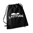 The Latitude Drawstring Bag from the Latitude Festival Store is a black bag featuring LATITUDE in white, decorated with cartoon sheep, a cloud, and a four-leaf clover above the letters—a charming accessory!.