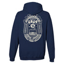 The Latitude Bubbly Psychedelic Navy Pullover Hoodie from Latitude Festival Store features a unisex fit and retro white back graphic with clouds, sun, stage, and Latitude Festival 2024. Made-to-order for comfort and unique style.