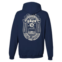 The Latitude Bubbly Psychedelic Navy Pullover Hoodie from Latitude Festival Store features a unisex fit and retro white back graphic with clouds, sun, stage, and Latitude Festival 2024. Made-to-order for comfort and unique style.