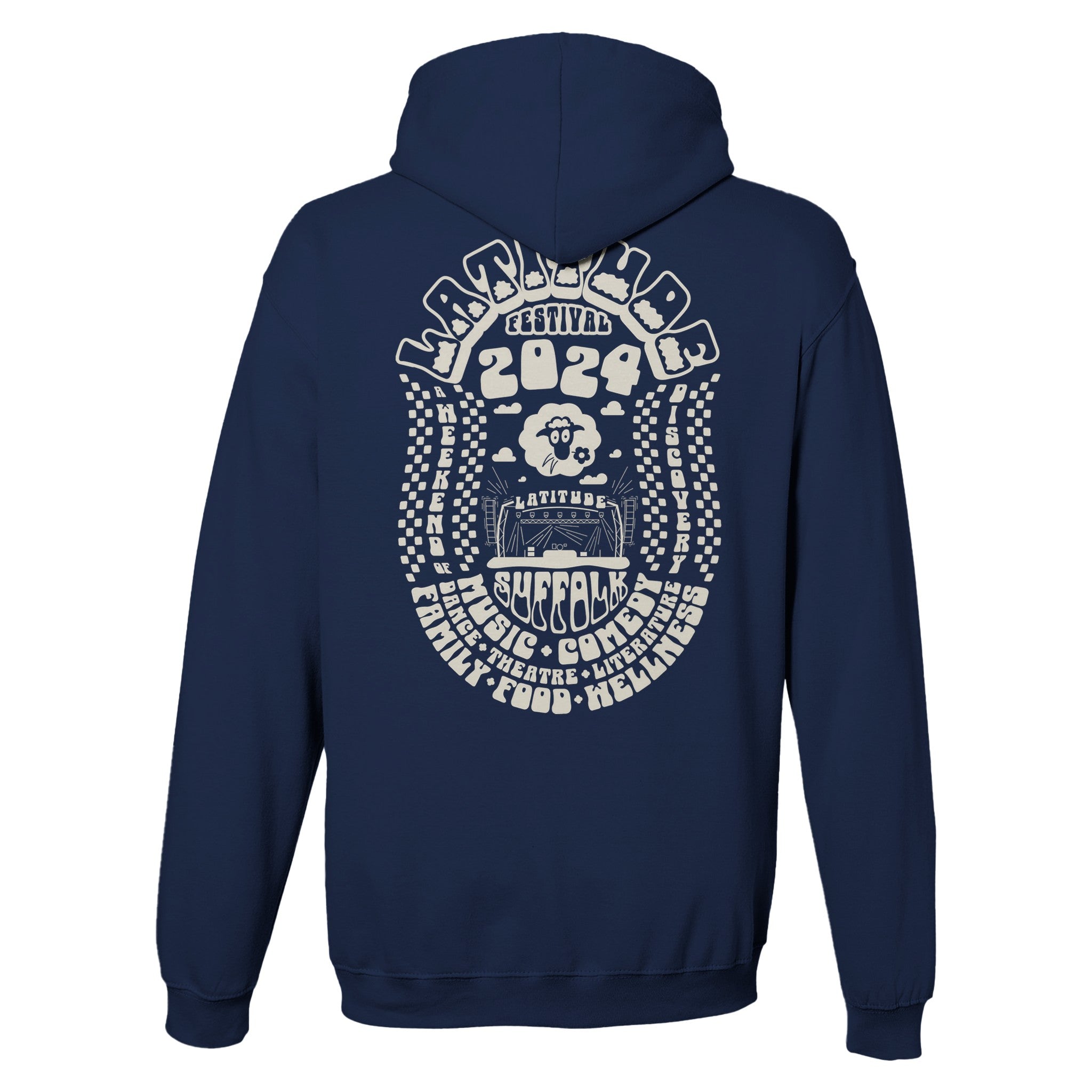 The Latitude Bubbly Psychedelic Navy Pullover Hoodie from Latitude Festival Store features a unisex fit and retro white back graphic with clouds, sun, stage, and Latitude Festival 2024. Made-to-order for comfort and unique style.