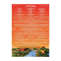 The Latitude 2024 Line Up Poster from Latitude Festival Store features an orange design listing headliners Kasabian, London Grammar, Keane, and Duran Duran. An illustrated festival scene with tents, trees, and a river appears at the bottom.