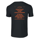 The Latitude 2024 Line Up Black T-Shirt from Latitude Festival Store features orange performer names on the back and is made from preshrunk ringspun cotton for comfort and durability.