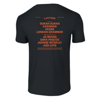 The Latitude 2024 Line Up Black T-Shirt from Latitude Festival Store features orange performer names on the back and is made from preshrunk ringspun cotton for comfort and durability.