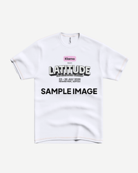PRE-ORDER the 2026 Event T-Shirt from Latitude Festival Store—white with "Klarna presents LATITUDE the reconstruction 23-26 July 2026 Henham Park, Suffolk" and a SAMPLE IMAGE boldly printed—ideal festival merch.