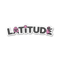 Latitude Magnet by Latitude Festival Store: Features LATITUDE in bold black letters, with playful pink cartoon sheep in L, A, and E. The I is dotted with a small pink cloud for added cuteness.