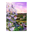 The Latitude Floral Print by Charlotte Smith from the Latitude Festival Store features large purple flowers, people on a swing, colorful tents, lush gardens, a “Latitude” sign, and a dreamy pink sky with a crescent moon and tower.
