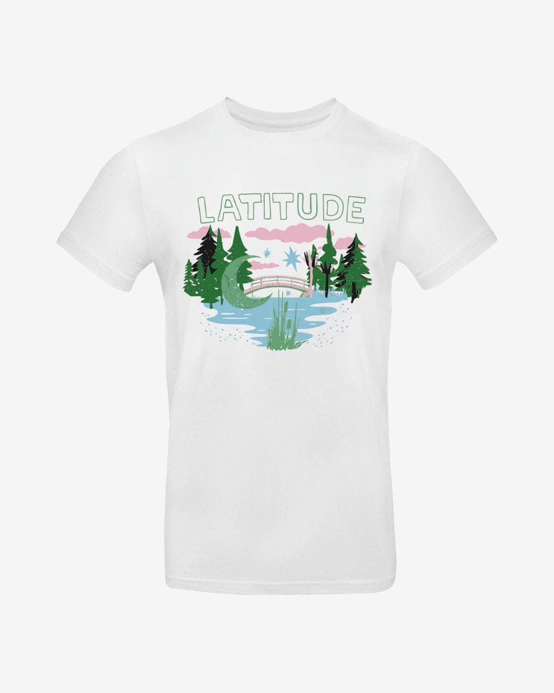 The Latitude Fashion T Shirt - Bridge Moon by 2025 features an illustrated nature scene with trees, a river, and a bridge, plus “LATITUDE” in bold green letters above the image on a white tee.