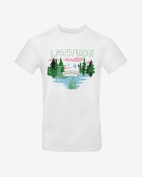 The Latitude Fashion T Shirt - Bridge Moon by 2025 features an illustrated nature scene with trees, a river, and a bridge, plus “LATITUDE” in bold green letters above the image on a white tee.