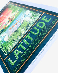 The Jon Mackay Latitude 2025 Lithograph Poster by 2025 features a vibrant, artist-signed nature scene with wildlife and festival tents, highlighting the LATITUDE event at Henham Park, Suffolk from July 24–27, 2025.