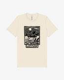 The Latitude Festival Stores Latitude Stencil Lake Natural T-Shirt is a beige unisex tee made from soft Airlume cotton, featuring a black and white lakeside scene and LATITUDE below the illustration.