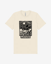 The Latitude Festival Stores Latitude Stencil Lake Natural T-Shirt is a beige unisex tee made from soft Airlume cotton, featuring a black and white lakeside scene and LATITUDE below the illustration.