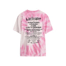 The Latitude Kids 2024 Pink Tie-Dye T-Shirt by Latitude Festival features unique pink and white shading with the 2024 lineup—Duran Duran, Kasabian, Keane, London Grammar—and event details printed on the back.