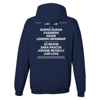 The Latitude 2024 Line Up Navy Pullover Hoodie from the Latitude Festival Store features a unisex fit and showcases the festival lineup—including Duran Duran, Kasabian, Keane, and top comedians—in white text on the back.