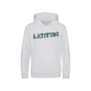 The Latitude Kids 2024 Drawn Grey Hoodie by Latitude Festival features LATiTUDE in bold blue and green letters across the chest, a cozy front pocket, and offers both comfort and style for everyday wear.