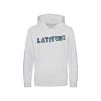The Latitude Kids 2024 Drawn Grey Hoodie by Latitude Festival features LATiTUDE in bold blue and green letters across the chest, a cozy front pocket, and offers both comfort and style for everyday wear.