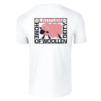 Latitude Home Of Pink Deity White T-Shirt by Latitude Festival Store: White tee with a large back graphic of pink sheep, black trees, and LATITUDE 24, HOME OF WOOLLEN IDENTITY. Made from preshrunk ringspun cotton for comfort and durability.