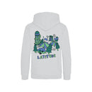 The Latitude Kids 2024 Drawn Grey Hoodie by Latitude Festival features a colorful back graphic with pine trees, a tent, camper, music notes, and “LATITUDE” in bold blue—perfect for young music lovers and camping adventures.