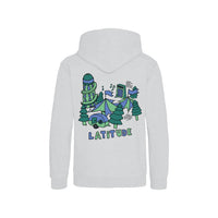 The Latitude Kids 2024 Drawn Grey Hoodie by Latitude Festival features a colorful back graphic with pine trees, a tent, camper, music notes, and “LATITUDE” in bold blue—perfect for young music lovers and camping adventures.