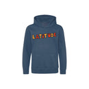 The Latitude Kids 2024 Drawn Blue Hoodie by Latitude Festival features bold orange and yellow LATITUDE lettering across the chest, a cozy front pocket, long sleeves, and a hood for ultimate comfort.