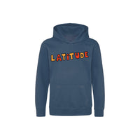 The Latitude Kids 2024 Drawn Blue Hoodie by Latitude Festival features bold orange and yellow LATITUDE lettering across the chest, a cozy front pocket, long sleeves, and a hood for ultimate comfort.