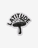 The Mushroom Patch by 2025 features a hand-drawn, vintage-style black and white mushroom with LATITUDE boldly curved above the cap on a white background.