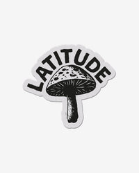 The Mushroom Patch by 2025 features a hand-drawn, vintage-style black and white mushroom with LATITUDE boldly curved above the cap on a white background.