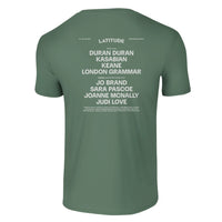 The Latitude 2024 Line Up Green T-Shirt from Latitude Festival Store is a made-to-order tee in preshrunk ringspun cotton, featuring festival performers like Duran Duran, Kasabian, Keane, and more in white text on the back.
