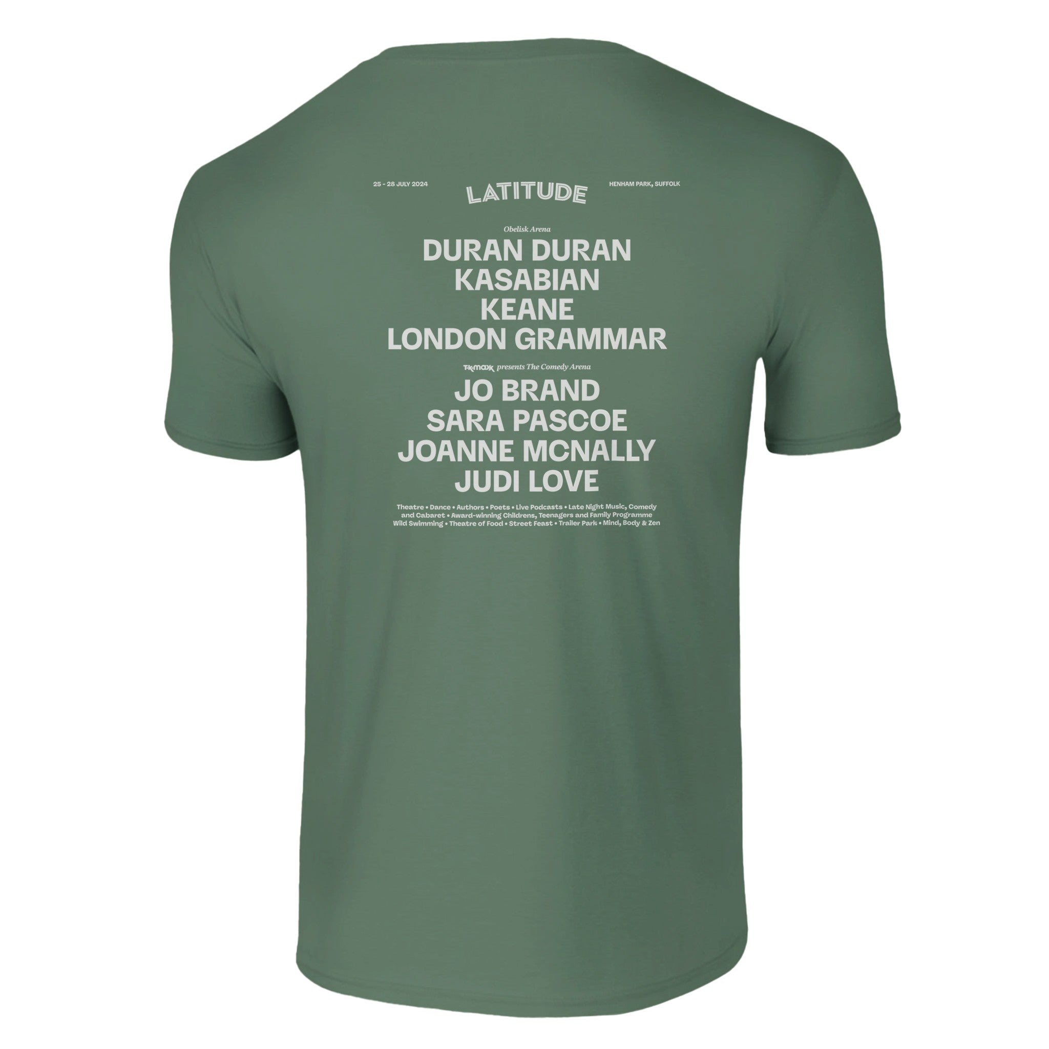 The Latitude 2024 Line Up Green T-Shirt from Latitude Festival Store is a made-to-order tee in preshrunk ringspun cotton, featuring festival performers like Duran Duran, Kasabian, Keane, and more in white text on the back.