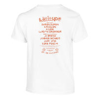 The Latitude Kids 2024 Line Up White T-Shirt from Latitude Festival Store is made-to-order with heavyweight fabric, featuring event dates (25-28 July 2024) and the lineup, including Duran Duran, Kasabian, Keane, and more in orange text on the back.