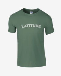 Green t-shirt with 'LATITUDE' text on a white background