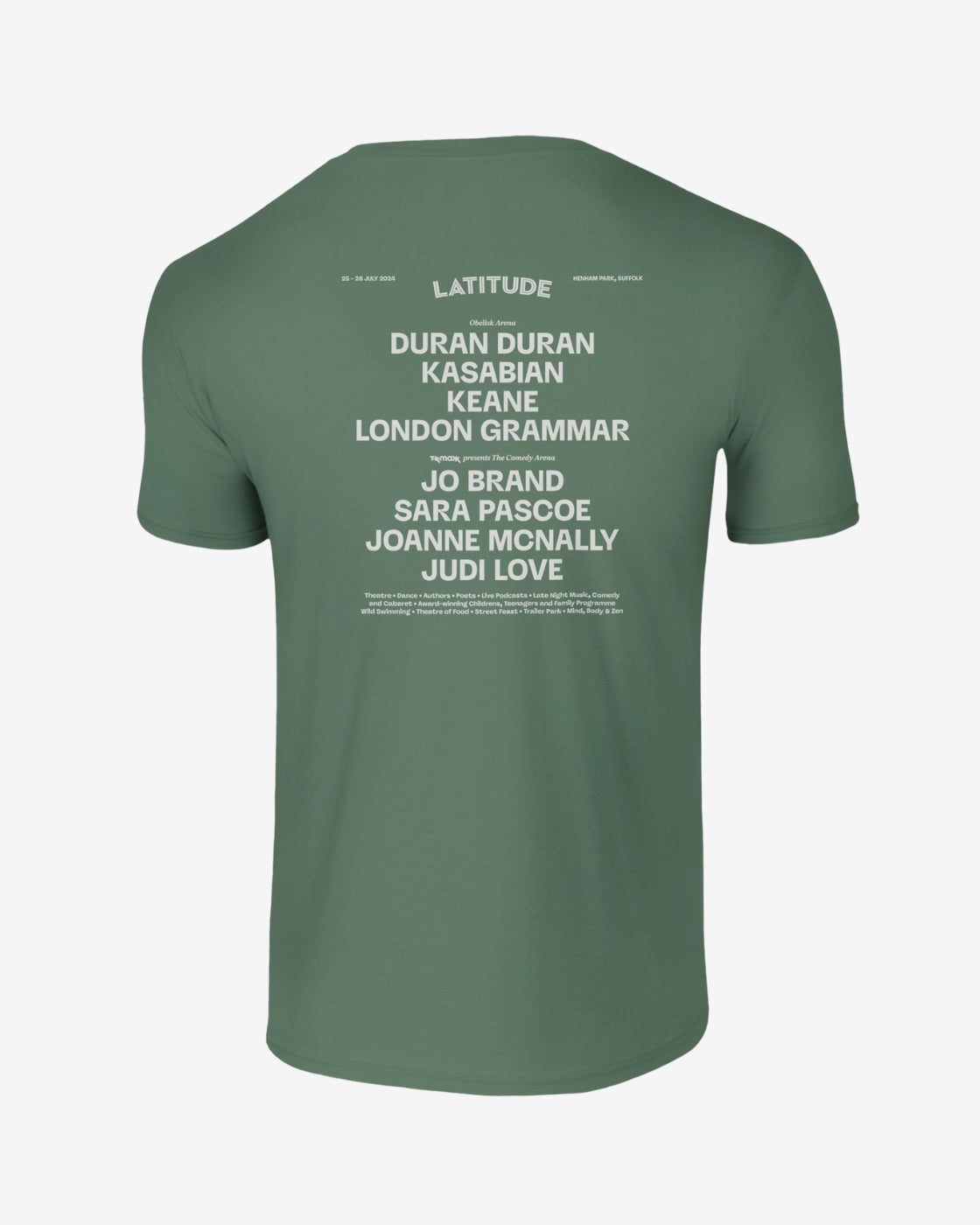 Green t-shirt with white text on a white background