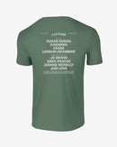 Green t-shirt with white text on a white background