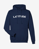 Navy blue hoodie with 'LATITUDE' text on a light gray background