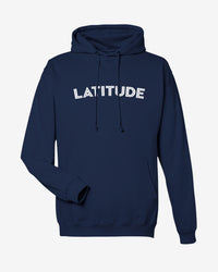Navy blue hoodie with 'LATITUDE' text on a light gray background