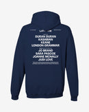 Navy blue hoodie with white text on the back on a light gray background